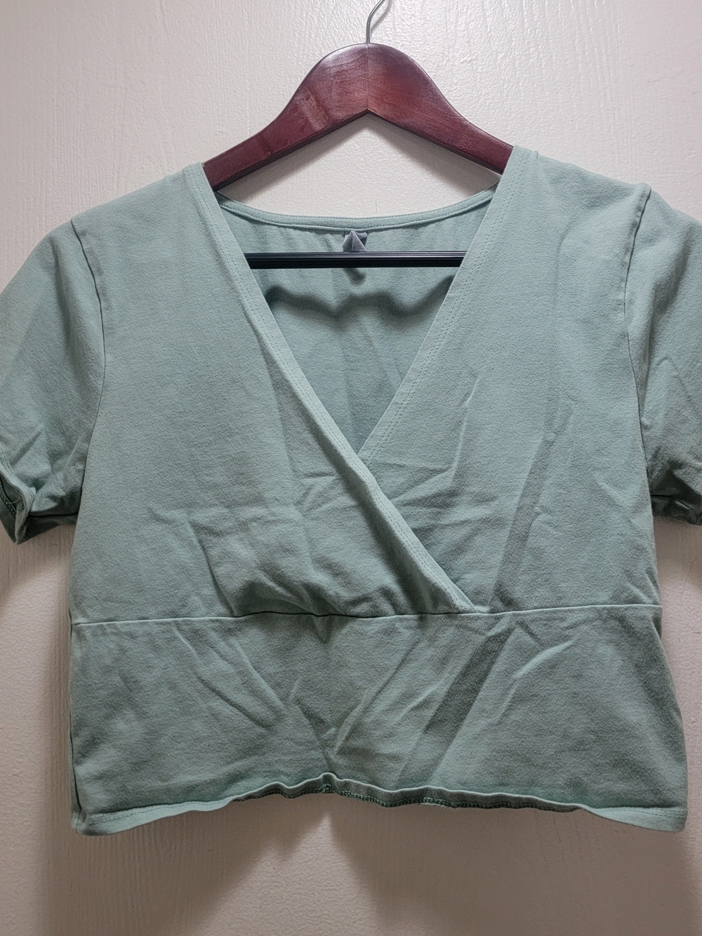 Wrap-Front Crop Top in Light Blue/Sage Green